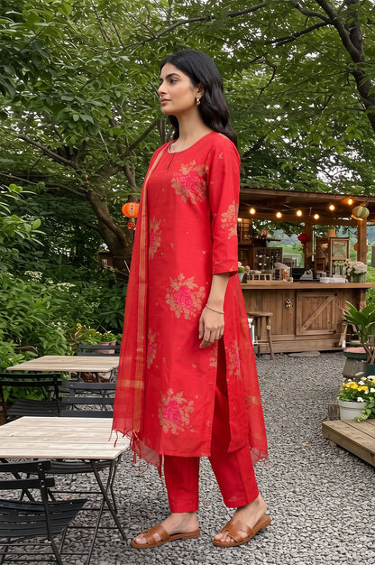 Red Floral Printed Jacquard Straight Kurta with Pants and Dupatta Set