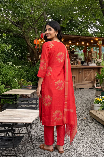 Red Floral Printed Jacquard Straight Kurta with Pants and Dupatta Set