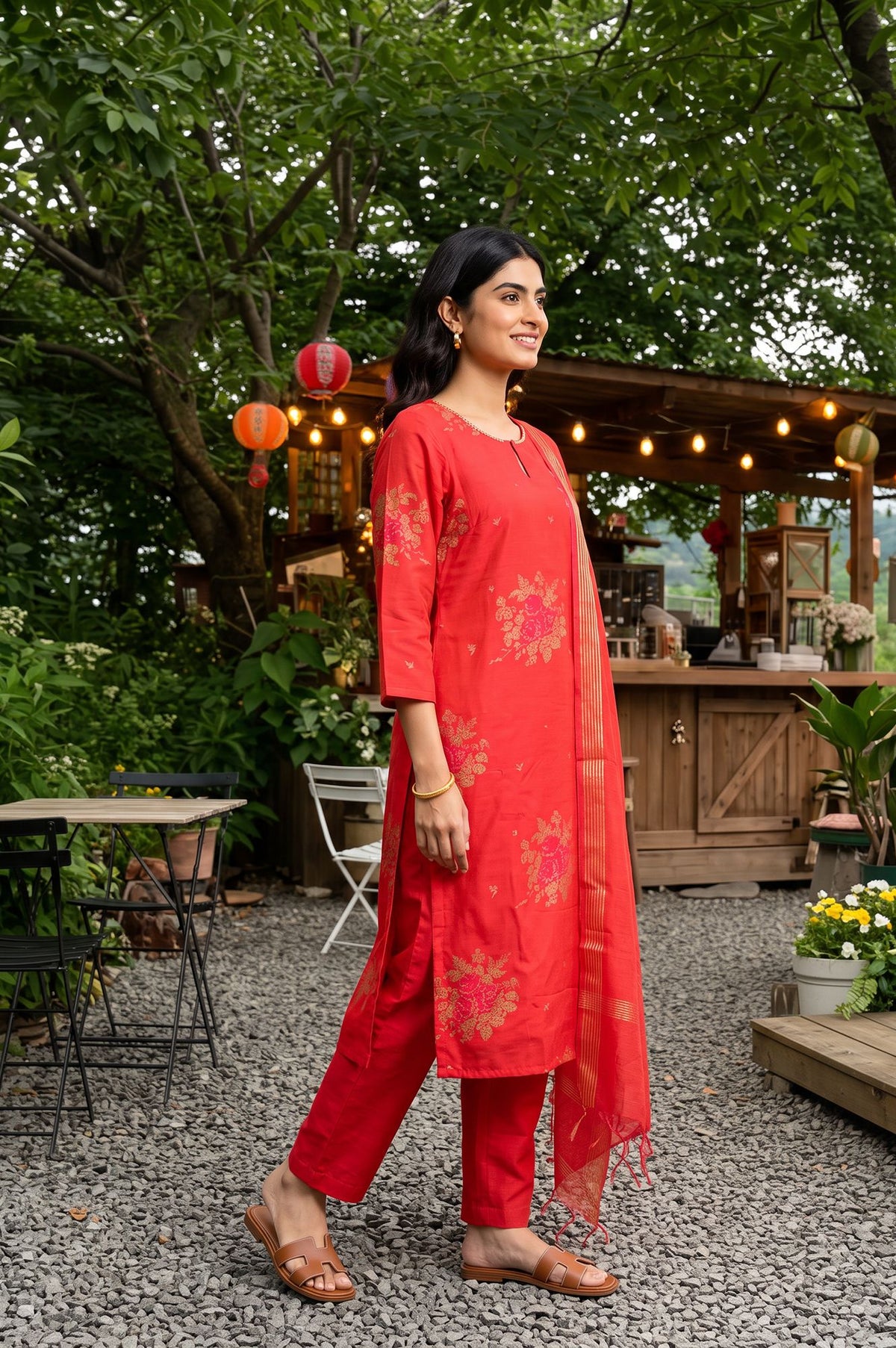 Red Floral Printed Jacquard Straight Kurta with Pants and Dupatta Set