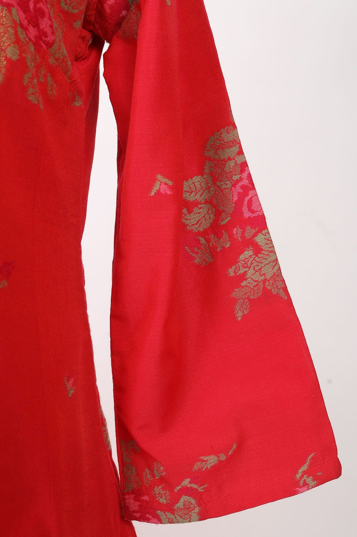 Red Floral Printed Jacquard Straight Kurta with Pants and Dupatta Set