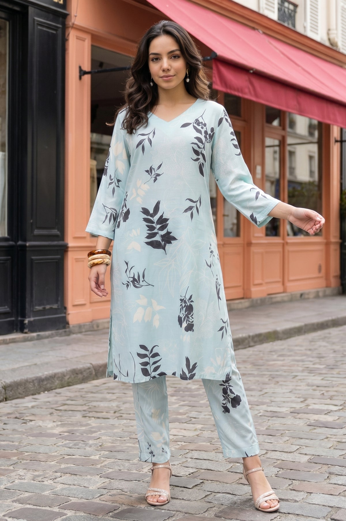Blue Floral Printed Modal Straight Kurta with Pants Co-ord Set - XS