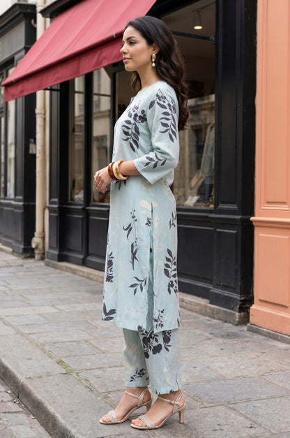Blue Floral Printed Modal Straight Kurta with Pants Co-ord Set