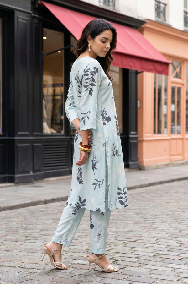 Blue Floral Printed Modal Straight Kurta with Pants Co-ord Set