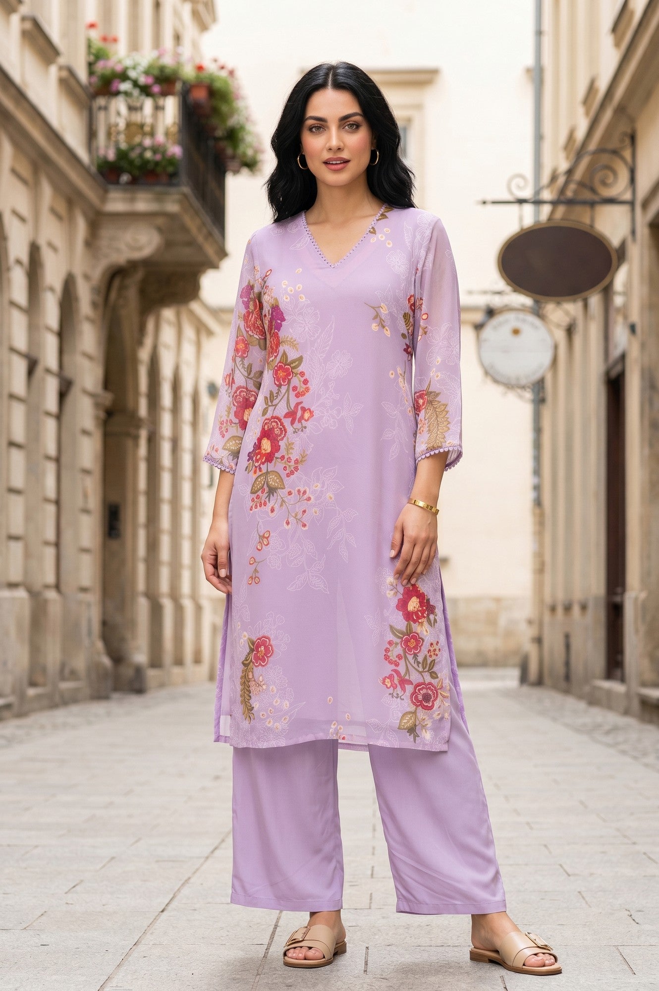 Lavender Floral Printed Georgette Straight Kurta With Pants Co-ord Set