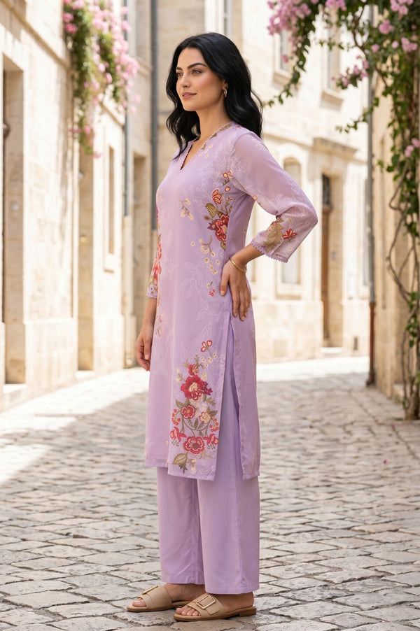 Lavender Floral Printed Georgette Straight Kurta With Pants Co-ord Set