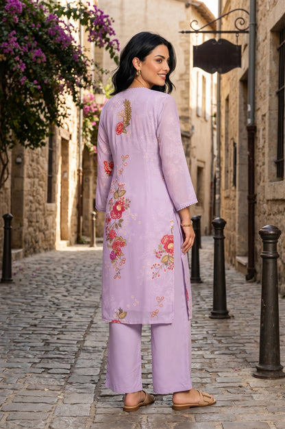 Lavender Floral Printed Georgette Straight Kurta With Pants Co-ord Set