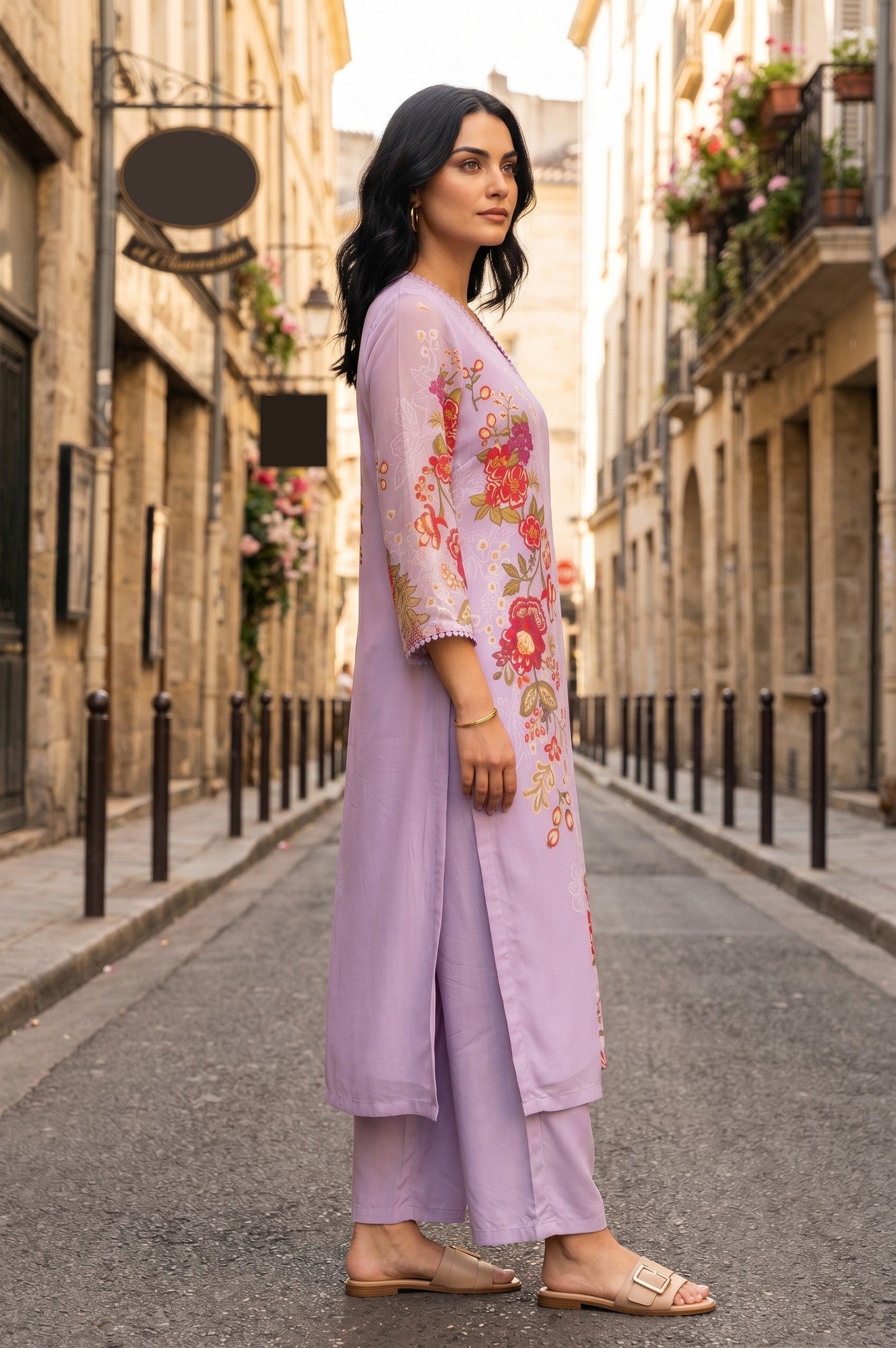 Lavender Floral Printed Georgette Straight Kurta With Pants Co-ord Set