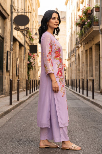 Lavender Floral Printed Georgette Straight Kurta With Pants Co-ord Set