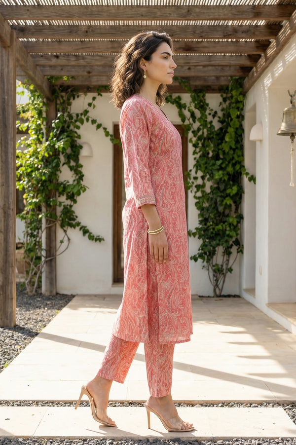 Pink Paisley Printed Modal Straight Kurta and Pants Co-ord Set