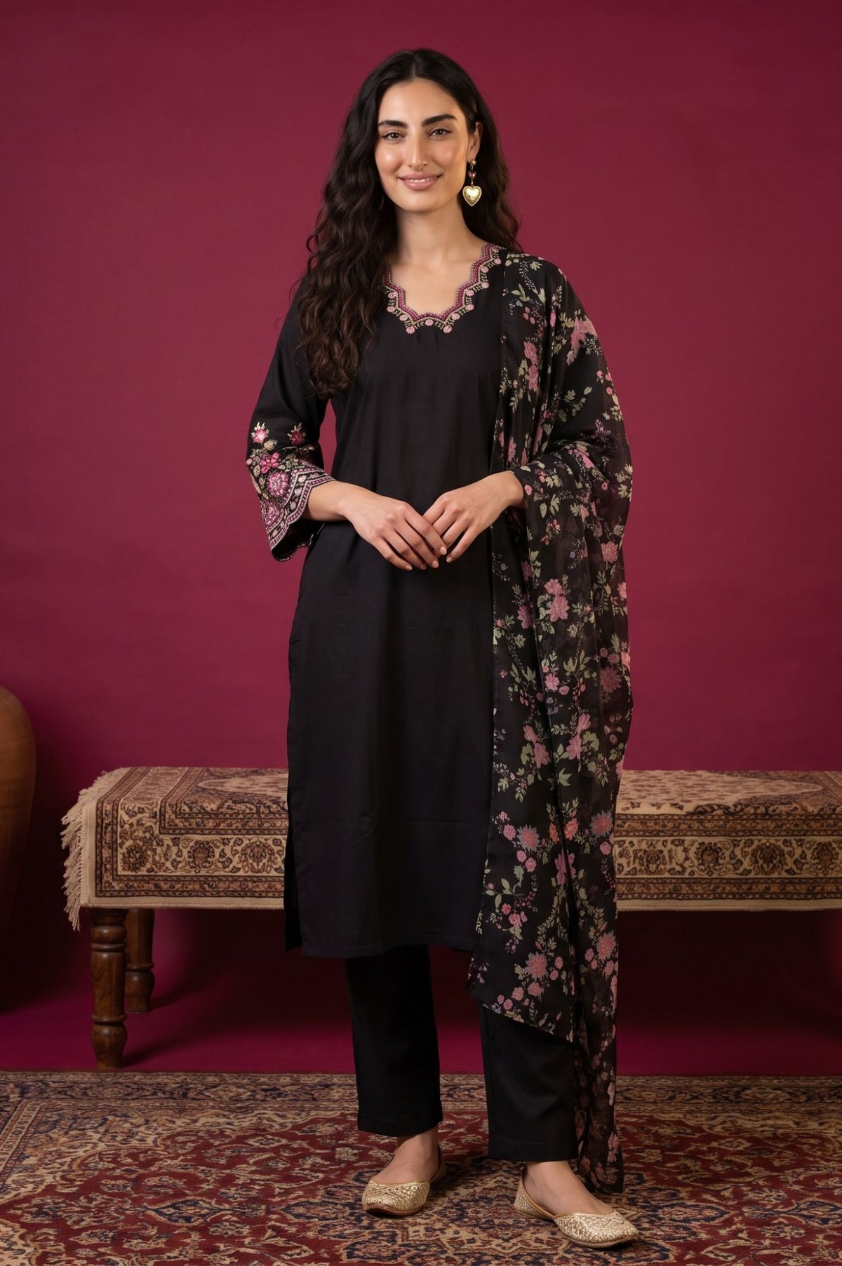 Black Thread Embroidered Straight Kurta with Straight Pants and Dupatta Set