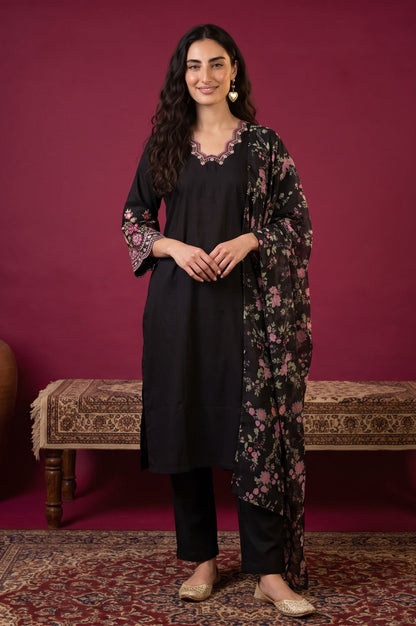 Black Thread Embroidered Straight Kurta with Straight Pants and Dupatta Set
