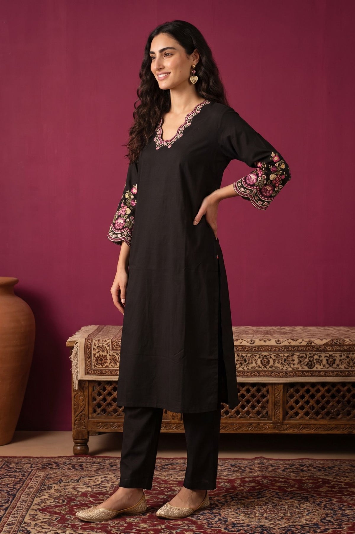 Black Thread Embroidered Straight Kurta with Straight Pants and Dupatta Set