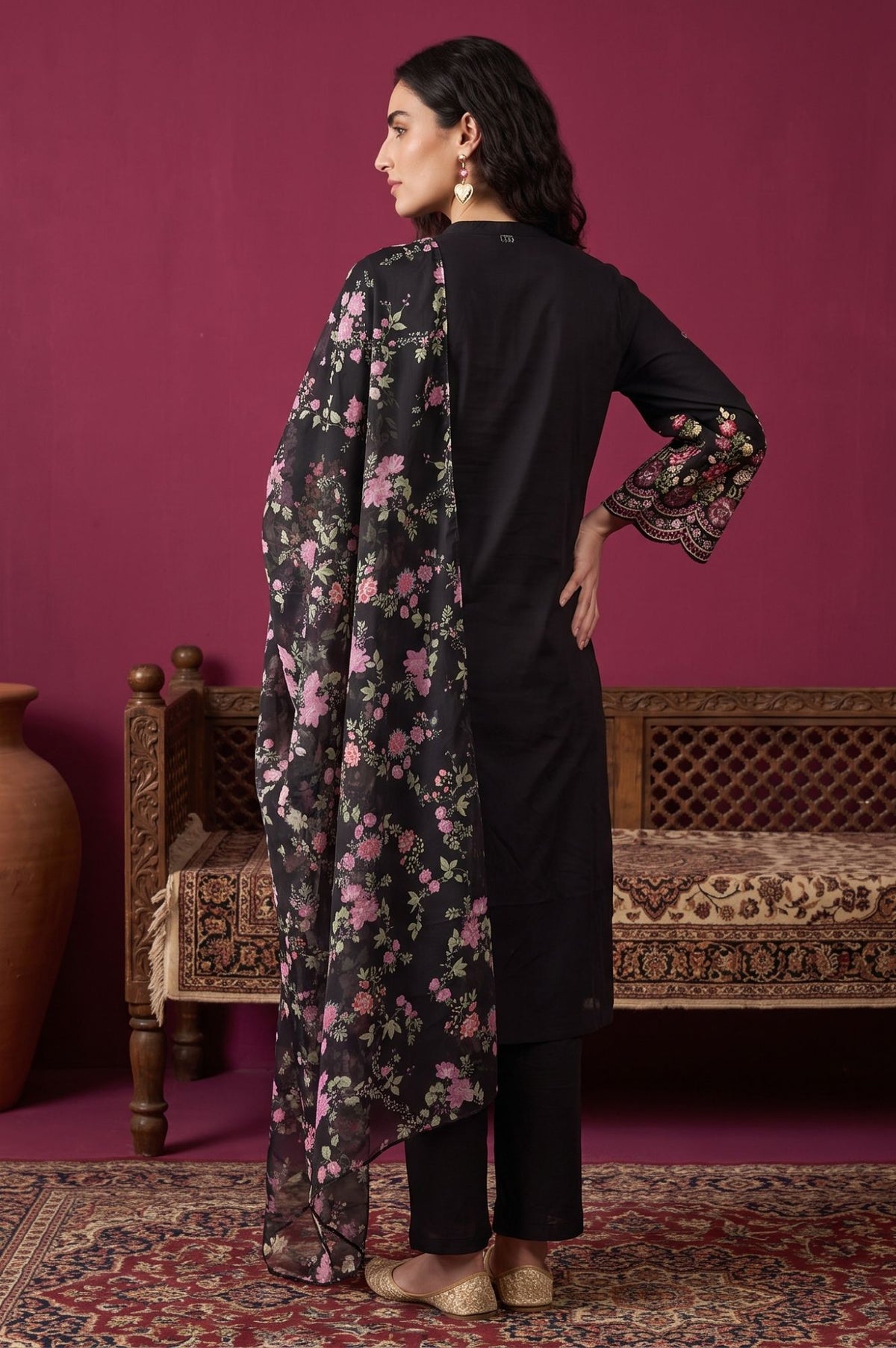 Black Thread Embroidered Straight Kurta with Straight Pants and Dupatta Set
