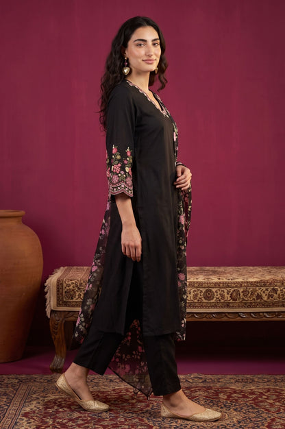 Black Thread Embroidered Straight Kurta with Straight Pants and Dupatta Set