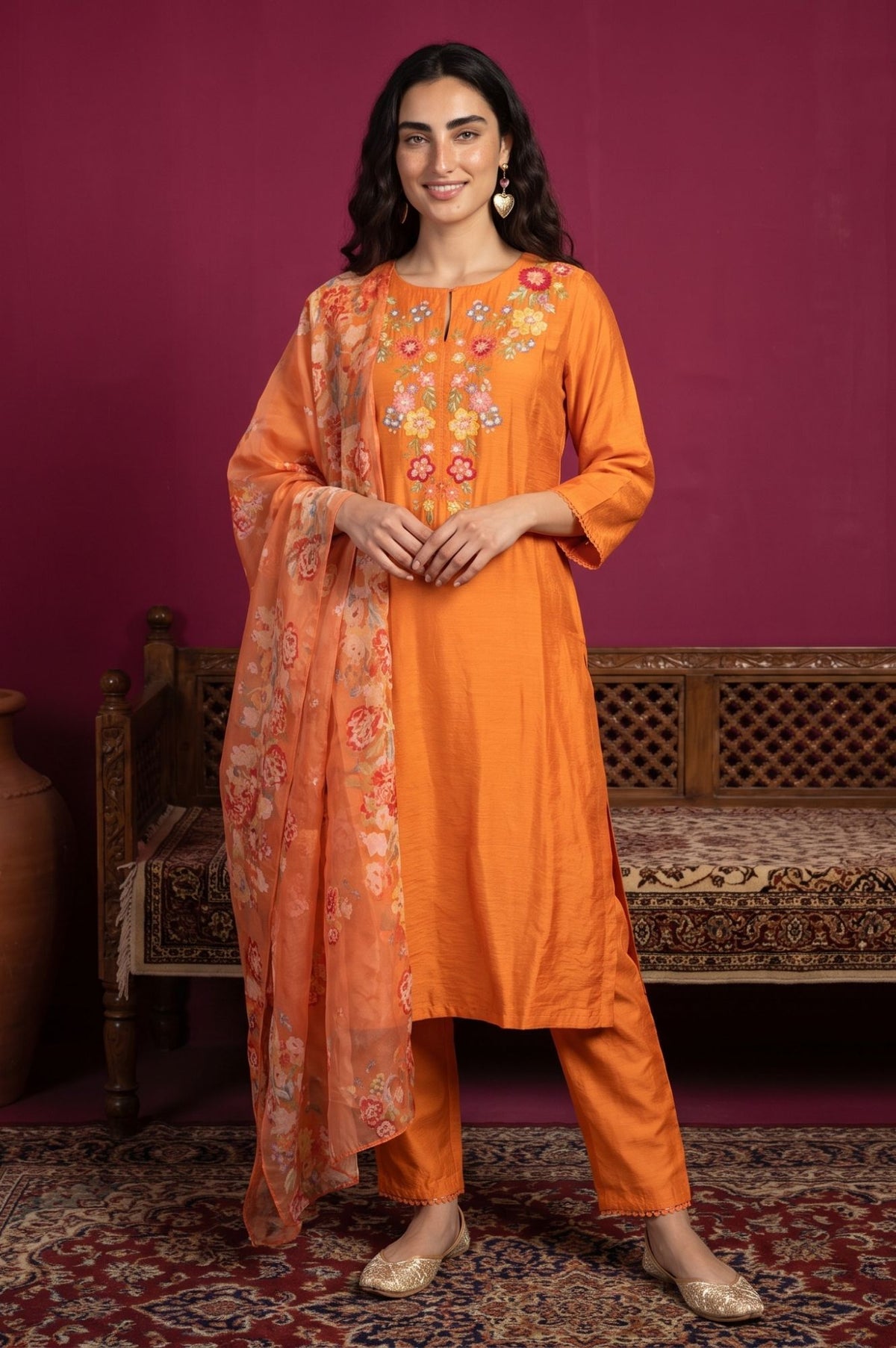 Orange Thread Embroidered Straight Kurta with Straight Pants and Dupatta Set