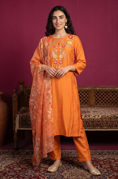 Orange Thread Embroidered Straight Kurta with Straight Pants and Dupatta Set