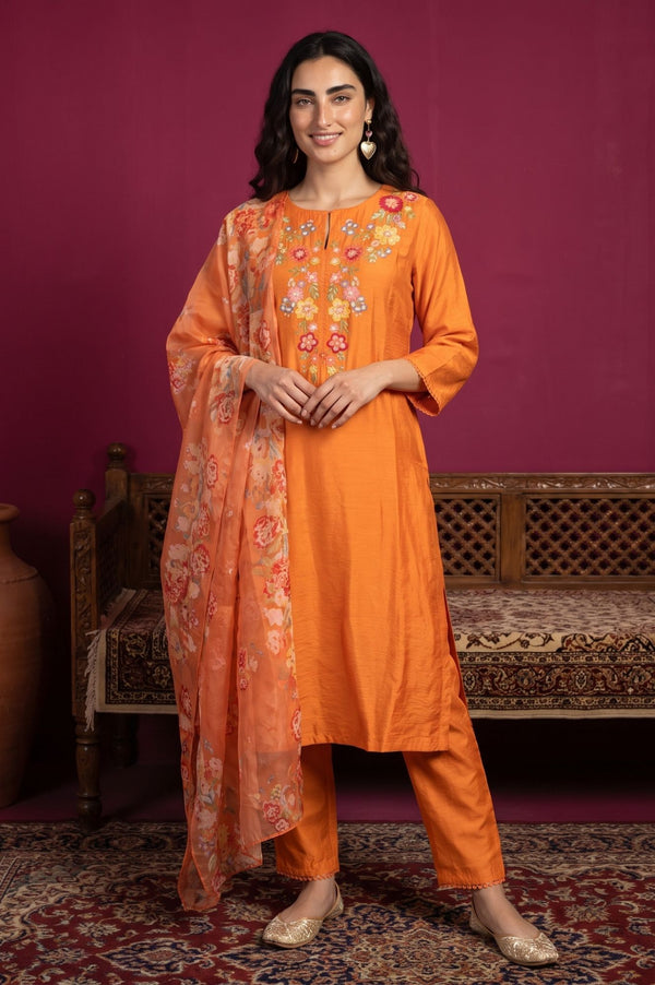 Orange Thread Embroidered Straight Kurta with Straight Pants and Dupatta Set
