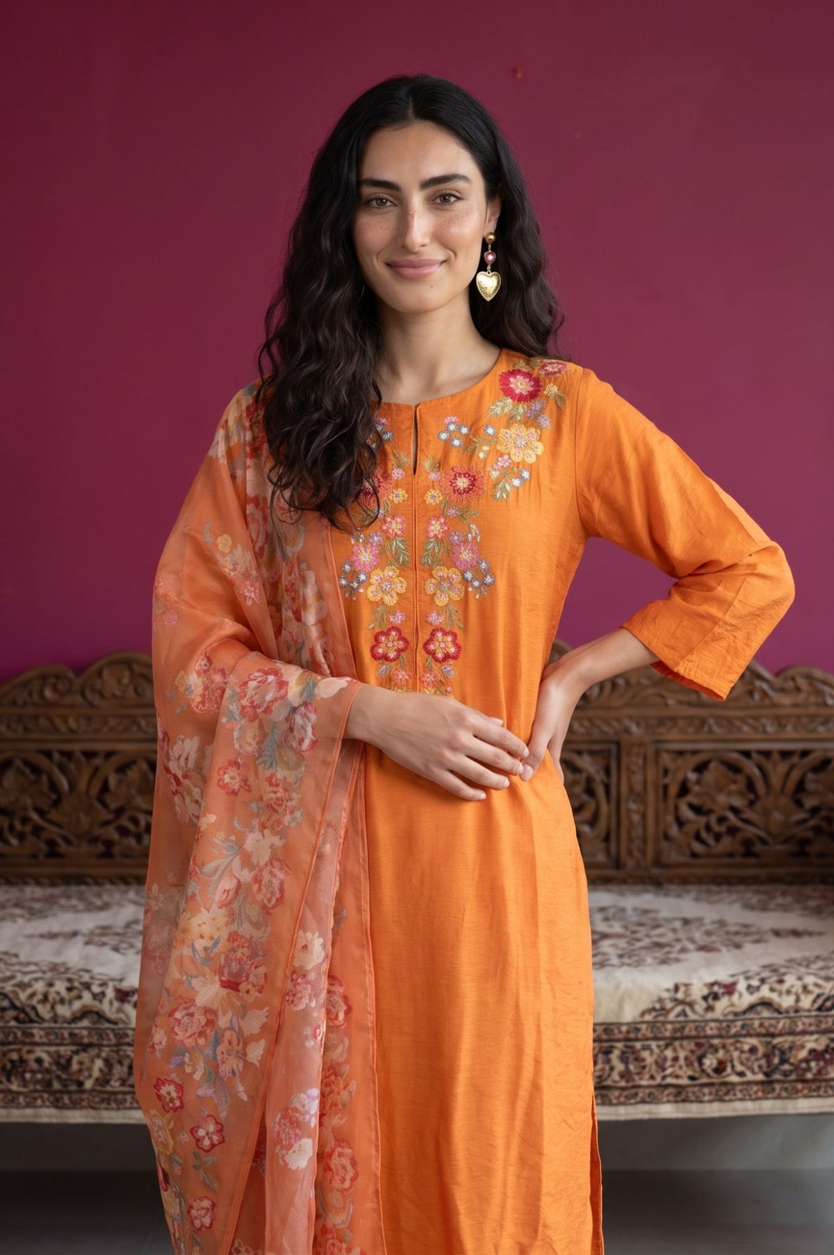 Orange Thread Embroidered Straight Kurta with Straight Pants and Dupatta Set