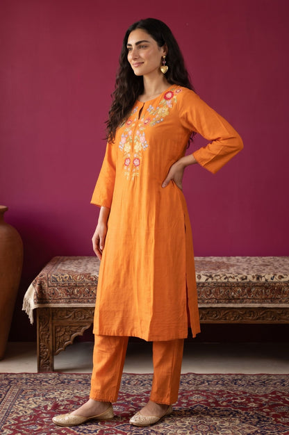 Orange Thread Embroidered Straight Kurta with Straight Pants and Dupatta Set