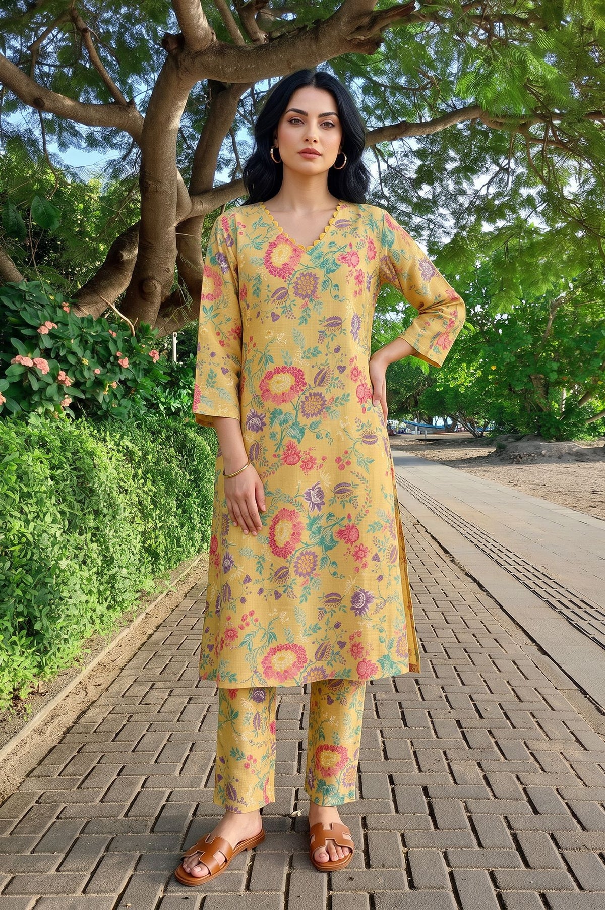 Yellow Floral Printed Straight Kurta with Pants Co-ord Set