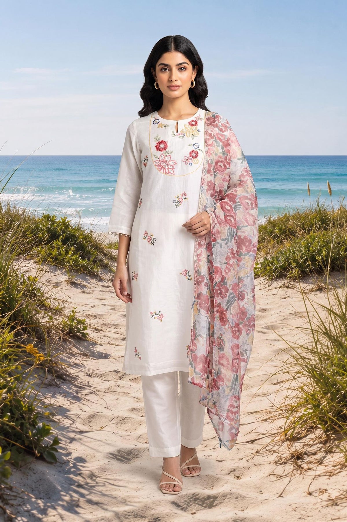 Off White Thread Embroidered Chanderi Straight Kurta with Pants and Dupatta Set
