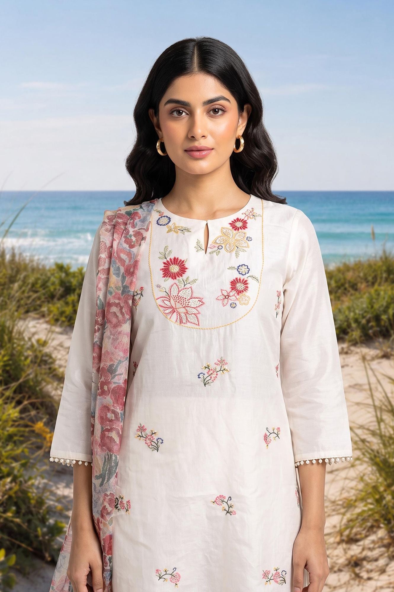 Off White Thread Embroidered Chanderi Straight Kurta with Pants and Dupatta Set
