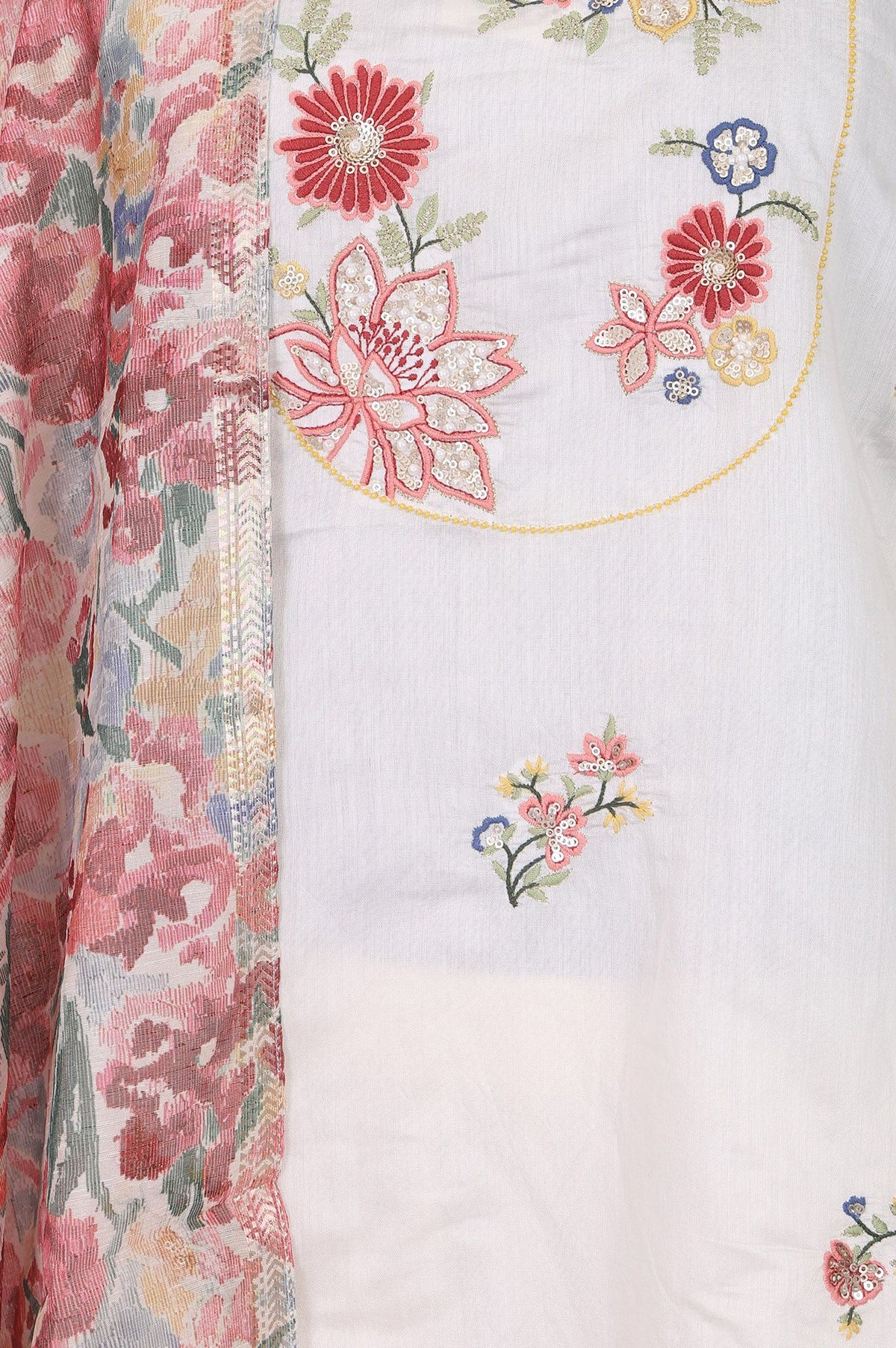 Off White Thread Embroidered Chanderi Straight Kurta with Pants and Dupatta Set