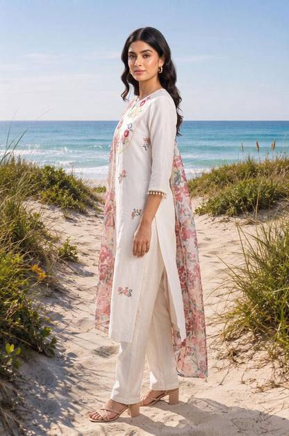 Off White Thread Embroidered Chanderi Straight Kurta with Pants and Dupatta Set