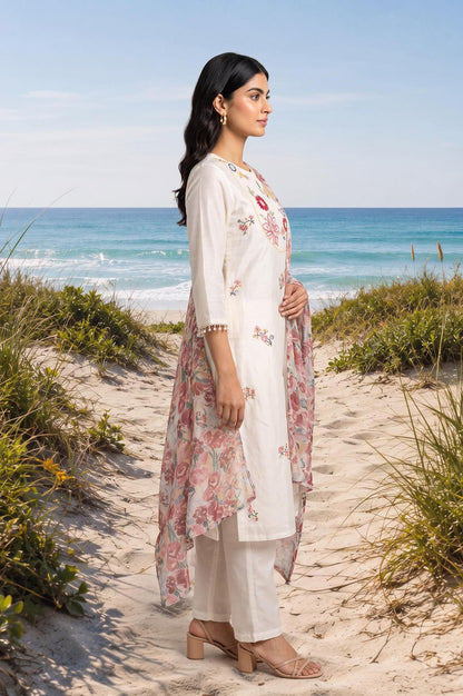Off White Thread Embroidered Chanderi Straight Kurta with Pants and Dupatta Set