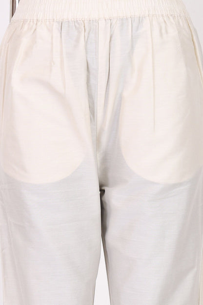 Off White Thread Embroidered Chanderi Straight Kurta with Pants and Dupatta Set