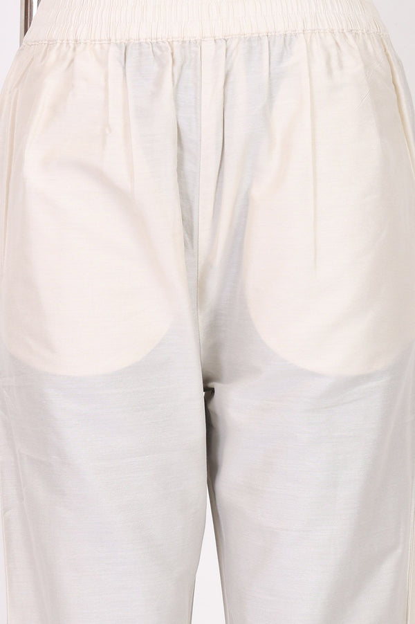 Off White Thread Embroidered Chanderi Straight Kurta with Pants and Dupatta Set
