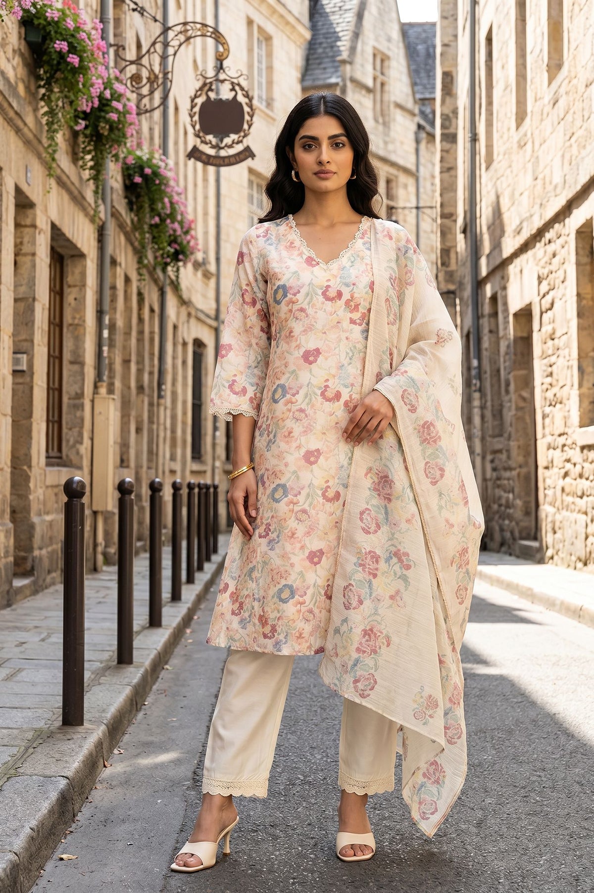 Off White Floral Printed Chanderi Straight Kurta with Pant and Dupatta Set