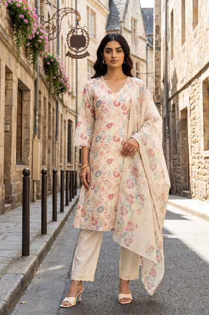 Off White Floral Printed Chanderi Straight Kurta with Pant and Dupatta Set