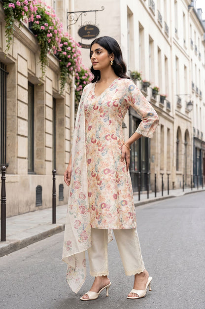 Off White Floral Printed Chanderi Straight Kurta with Pant and Dupatta Set