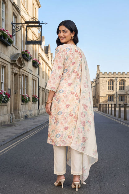 Off White Floral Printed Chanderi Straight Kurta with Pant and Dupatta Set
