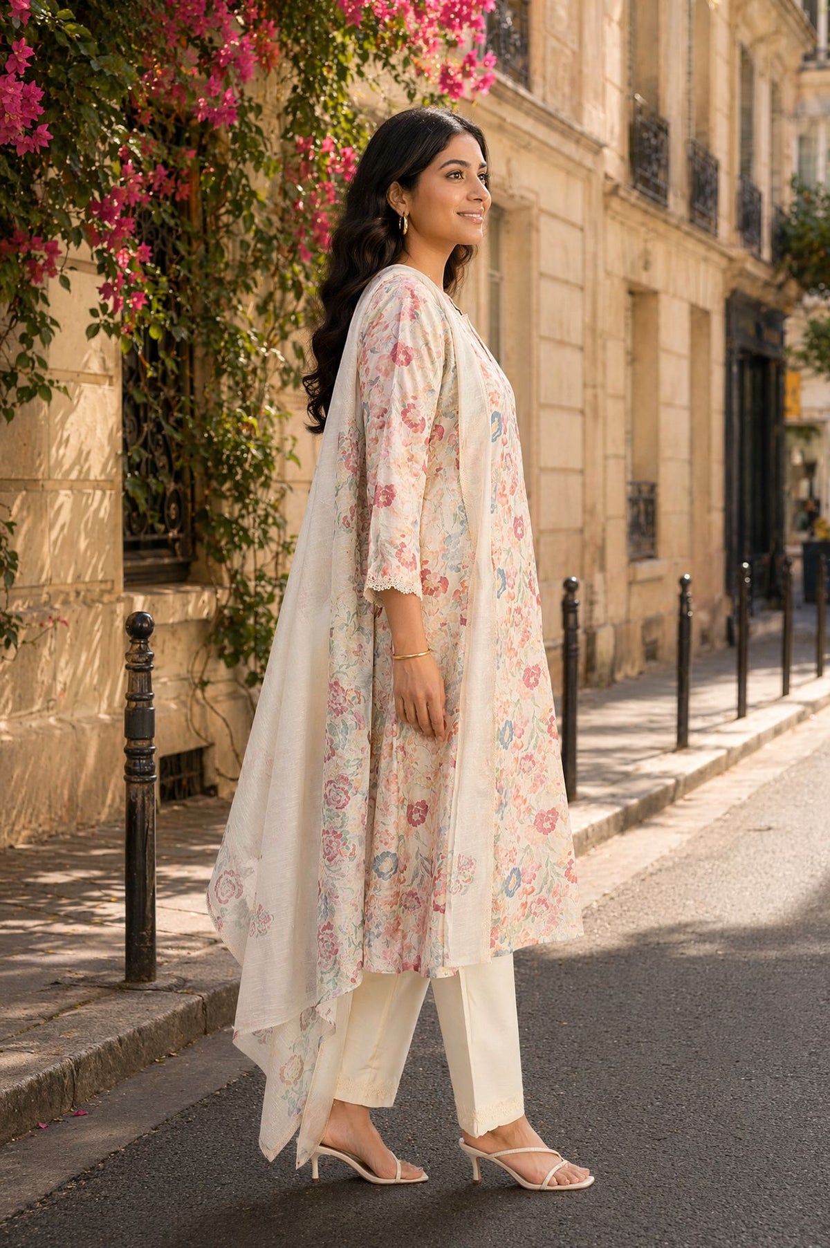 Off White Floral Printed Chanderi Straight Kurta with Pant and Dupatta Set