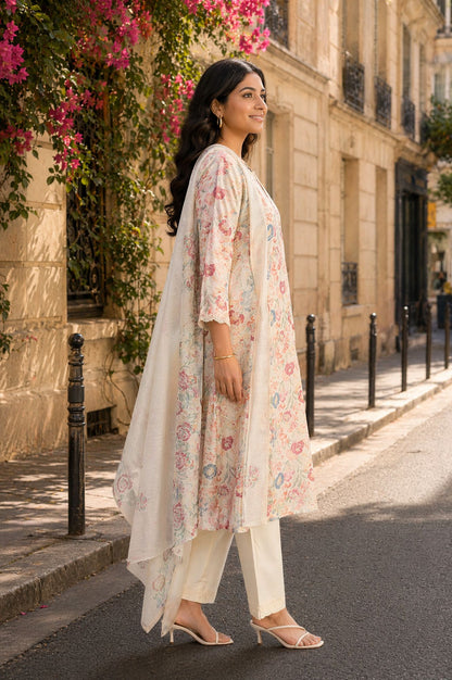 Off White Floral Printed Chanderi Straight Kurta with Pant and Dupatta Set