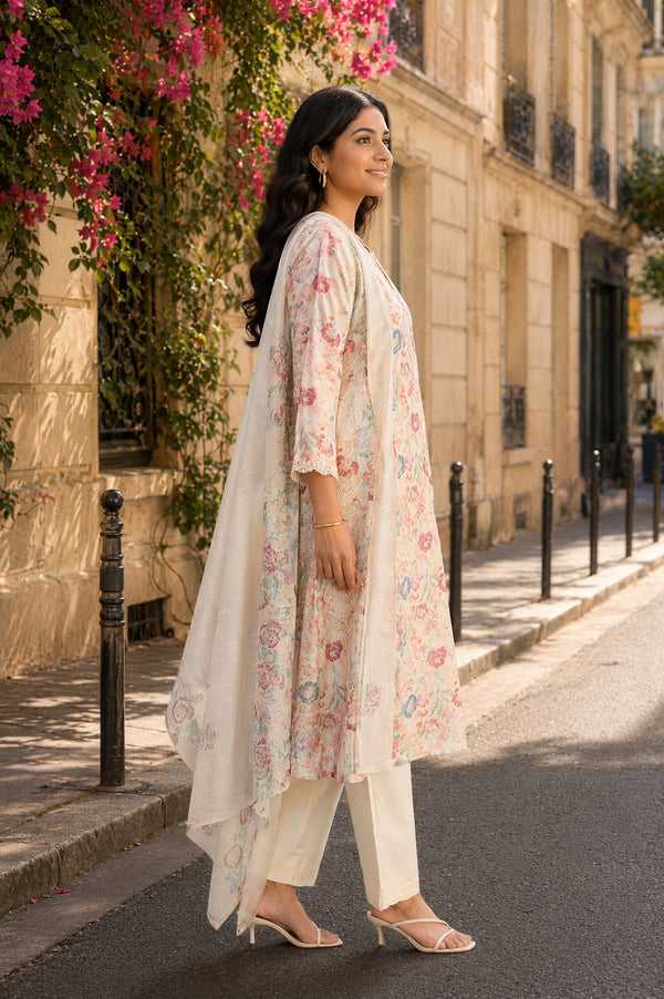 Off White Floral Printed Chanderi Straight Kurta with Pant and Dupatta Set