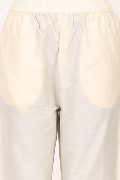 Off White Floral Printed Chanderi Straight Kurta with Pant and Dupatta Set