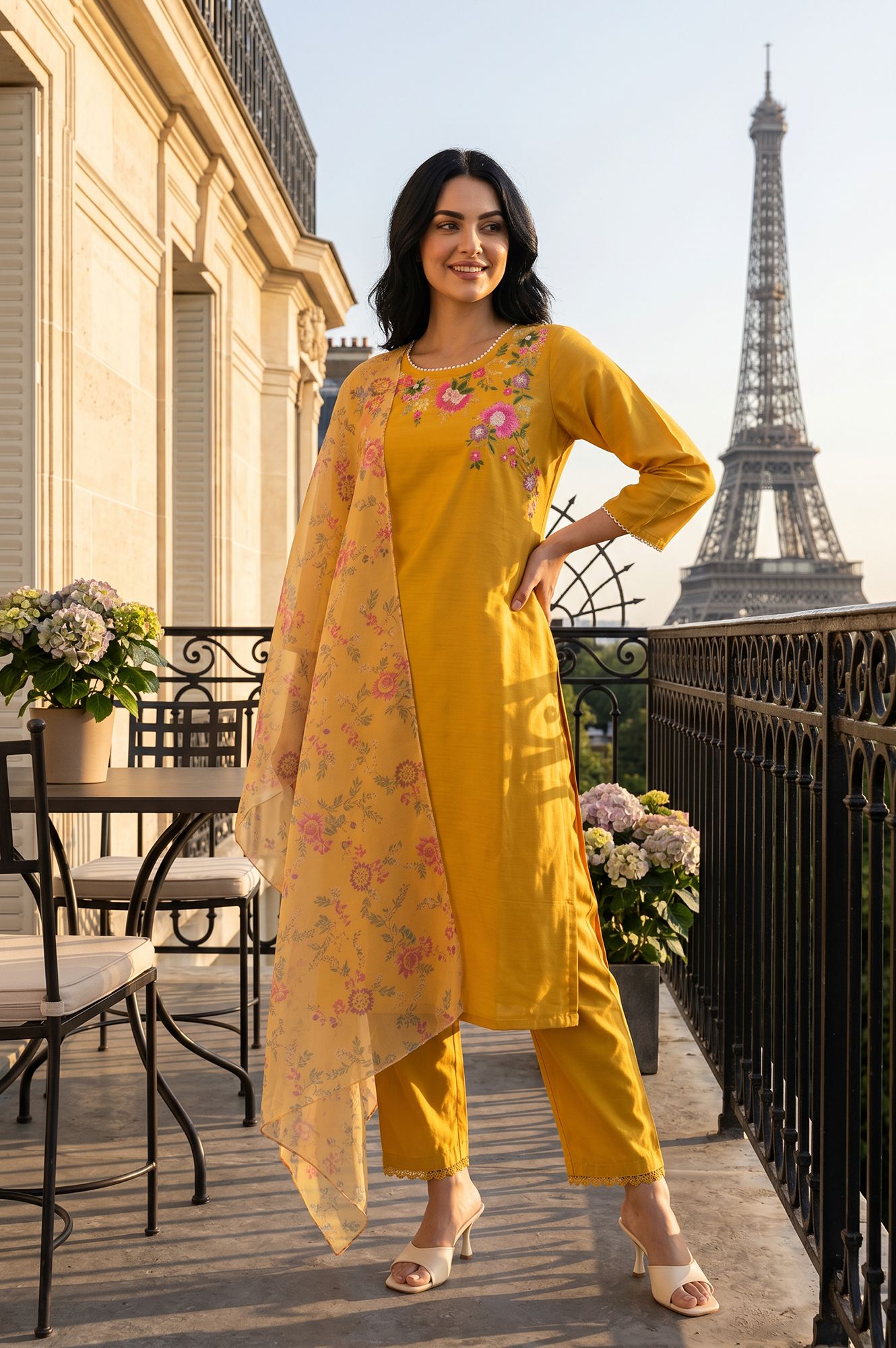 Mustard Floral Printed Thread Embroidered Straight Kurta with Straight Pant and Dupatta Set