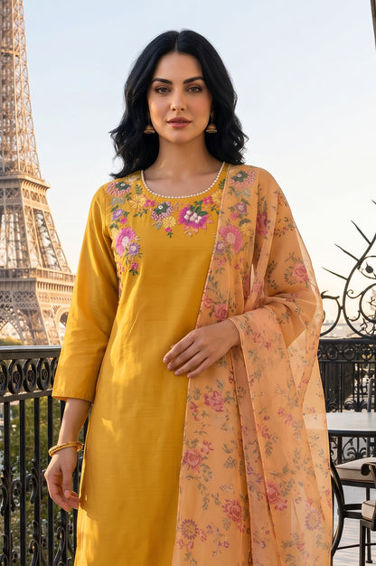 Mustard Floral Printed Thread Embroidered Straight Kurta with Straight Pant and Dupatta Set