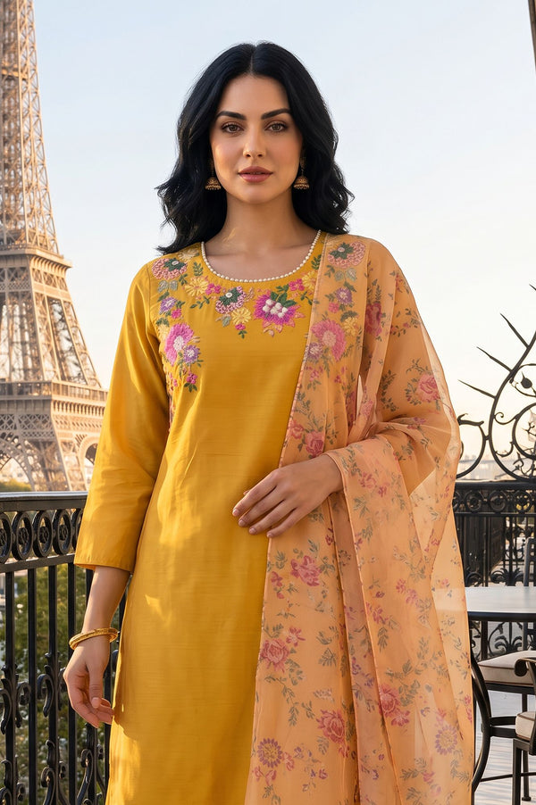 Mustard Floral Printed Thread Embroidered Straight Kurta with Straight Pant and Dupatta Set