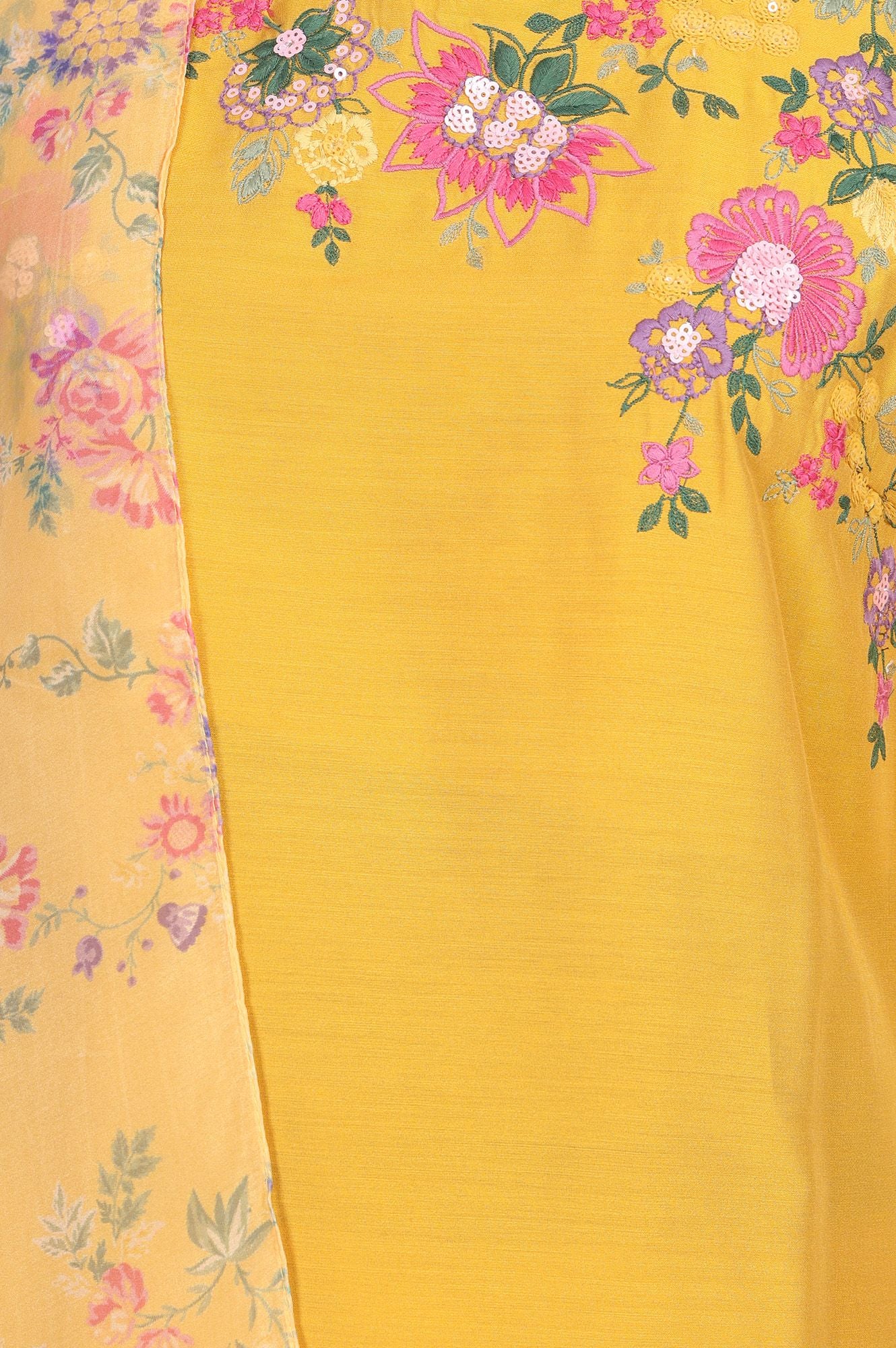 Mustard Floral Printed Thread Embroidered Straight Kurta with Straight Pant and Dupatta Set