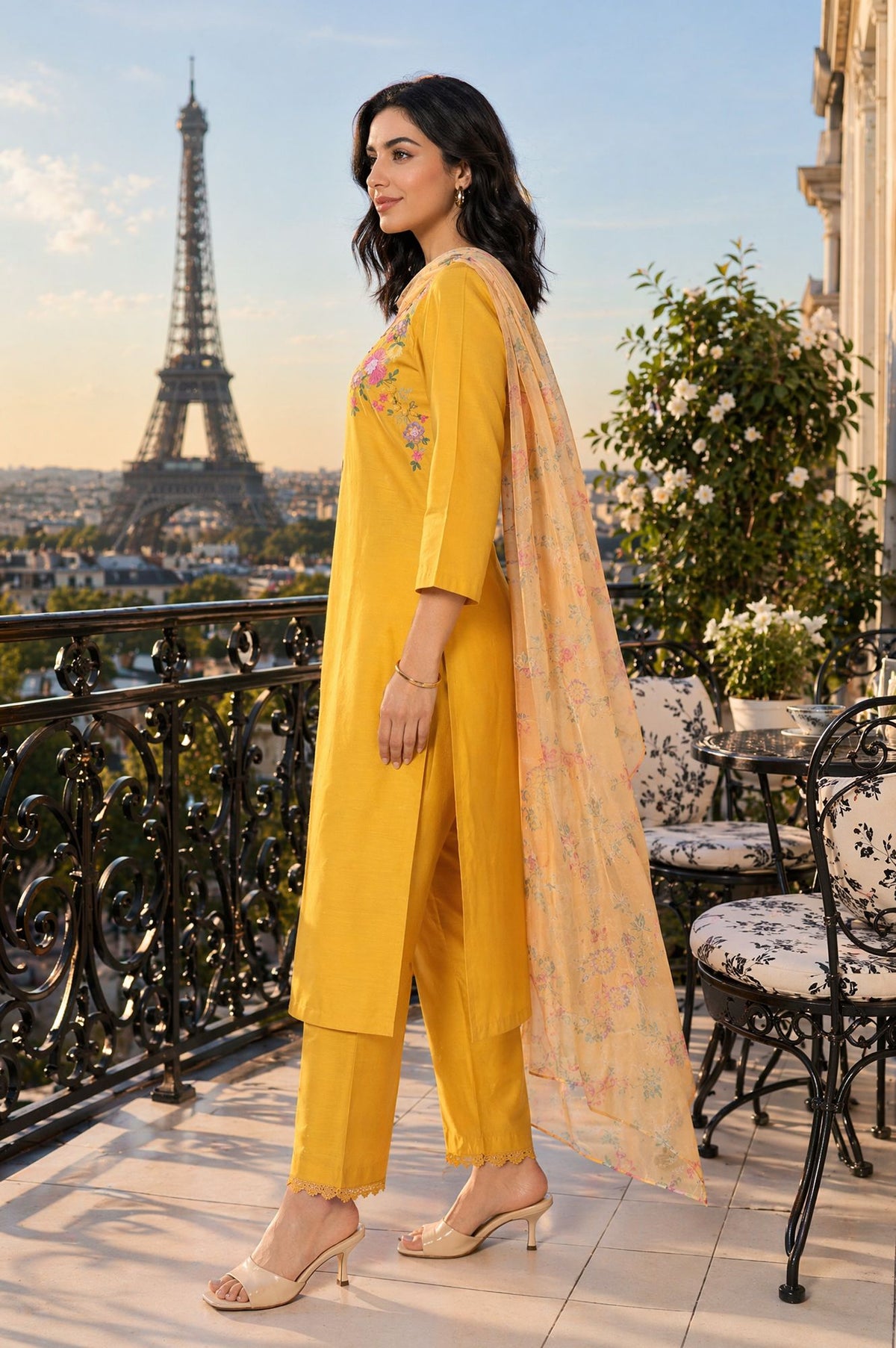 Mustard Floral Printed Thread Embroidered Straight Kurta with Straight Pant and Dupatta Set