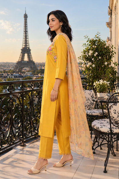 Mustard Floral Printed Thread Embroidered Straight Kurta with Straight Pant and Dupatta Set