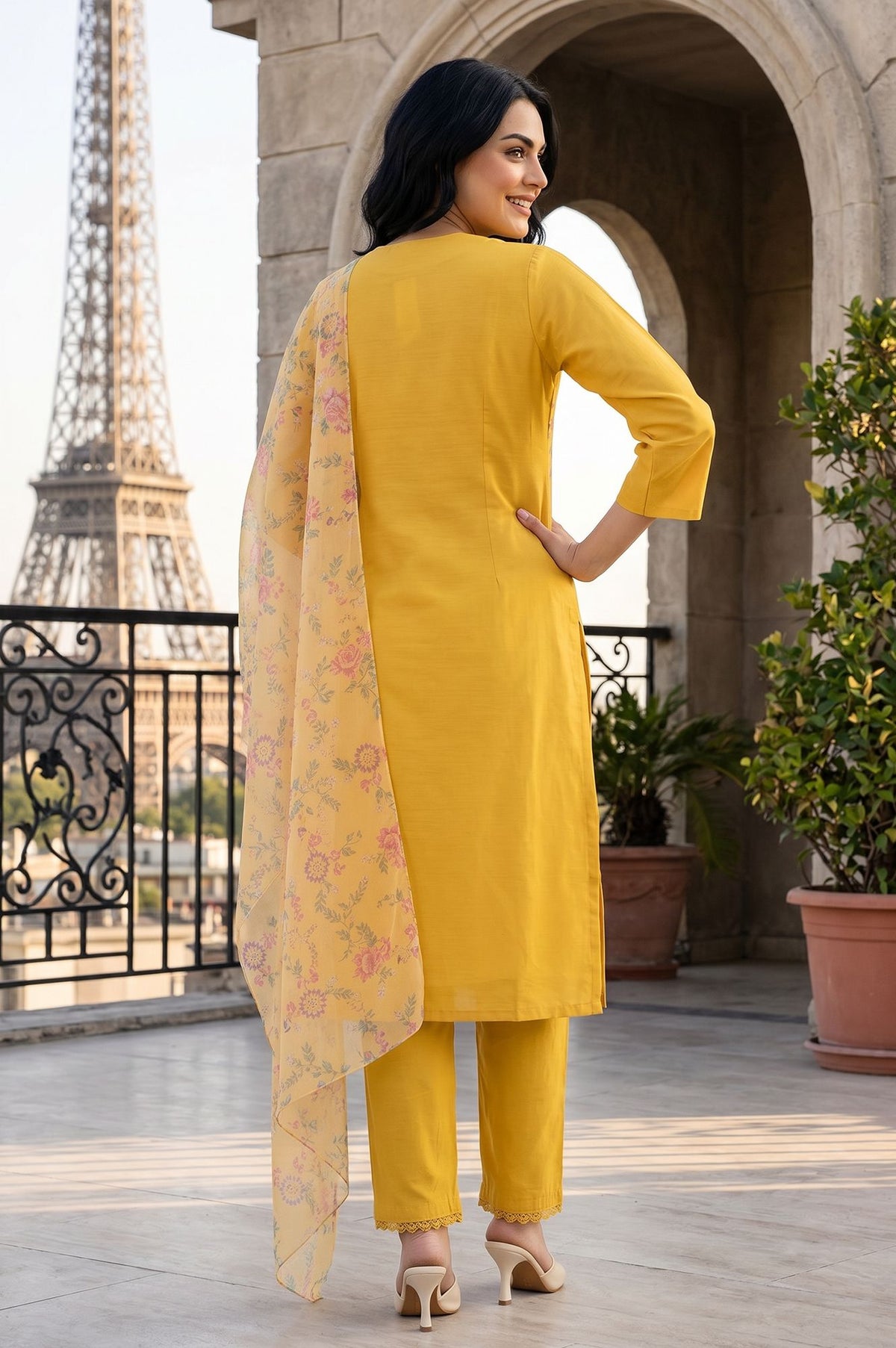 Mustard Floral Printed Thread Embroidered Straight Kurta with Straight Pant and Dupatta Set