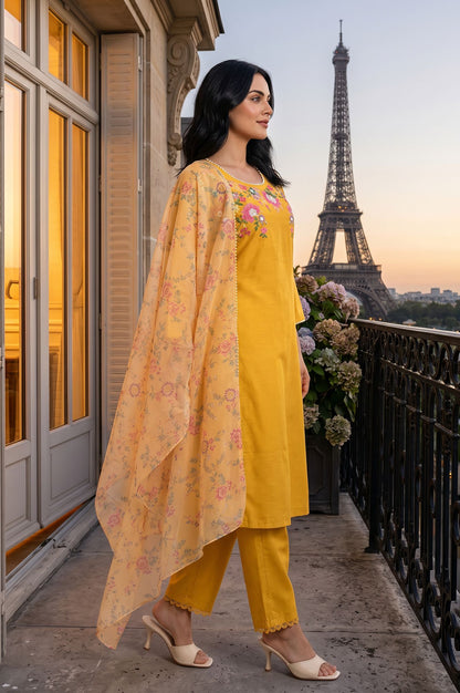 Mustard Floral Printed Thread Embroidered Straight Kurta with Straight Pant and Dupatta Set