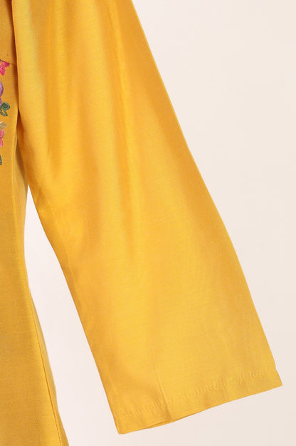Mustard Floral Printed Thread Embroidered Straight Kurta with Straight Pant and Dupatta Set