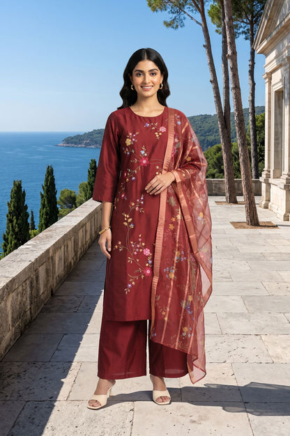 Maroon Thread Embroidered Straight Kurta with Pant and Dupatta Set