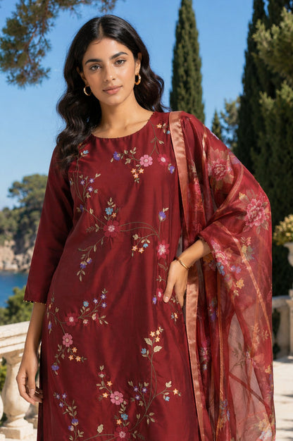 Maroon Thread Embroidered Straight Kurta with Pant and Dupatta Set